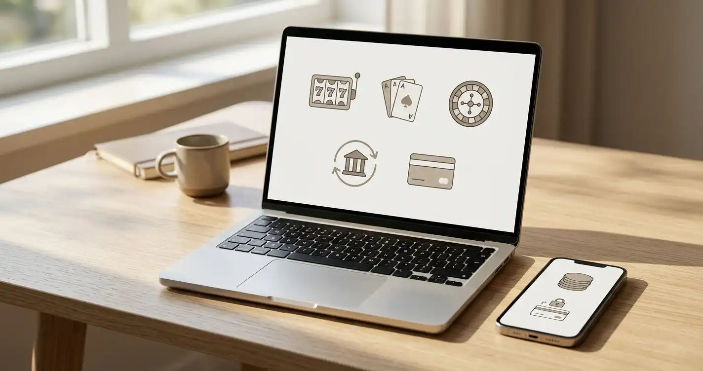 Laptop and phone beside neutral payment and game-category symbols