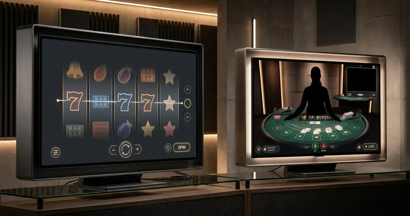 Abstract slot reels and live-table silhouettes on separate screens