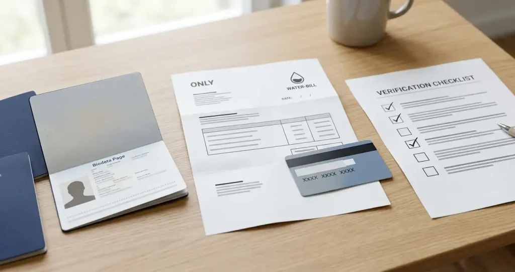 Passport-style document, address proof and payment card beside a verification checklist
