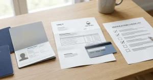 Passport-style document, address proof and payment card beside a verification checklist