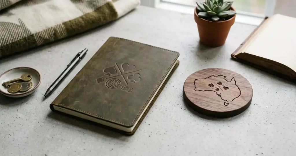 Notebook, neutral casino-category symbols and an Australian map outline arranged as an editorial still life.