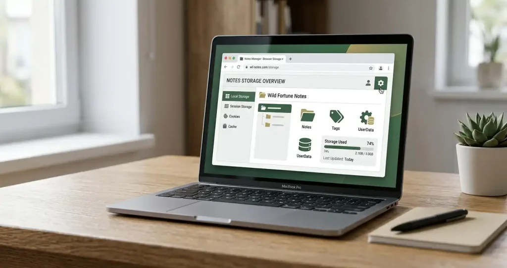 Browser window, settings controls and small storage symbols in a neutral editorial scene.