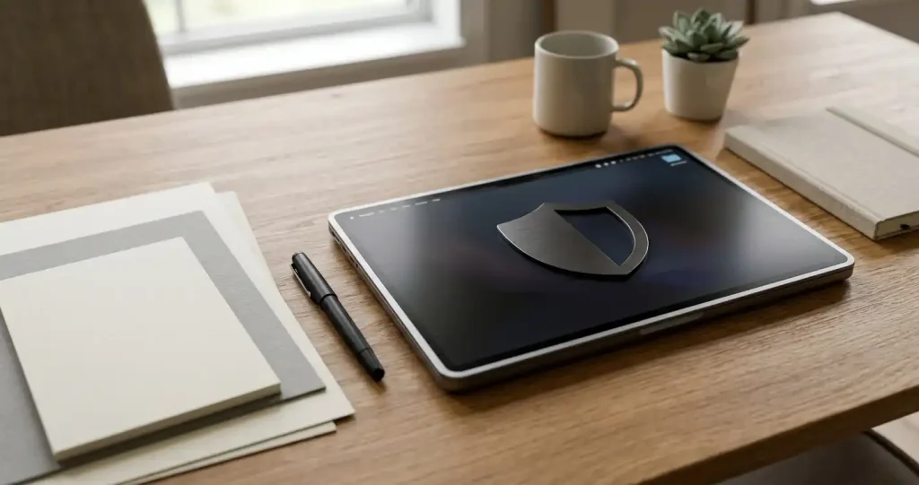 Laptop, privacy shield and document symbols arranged in a neutral editorial scene.