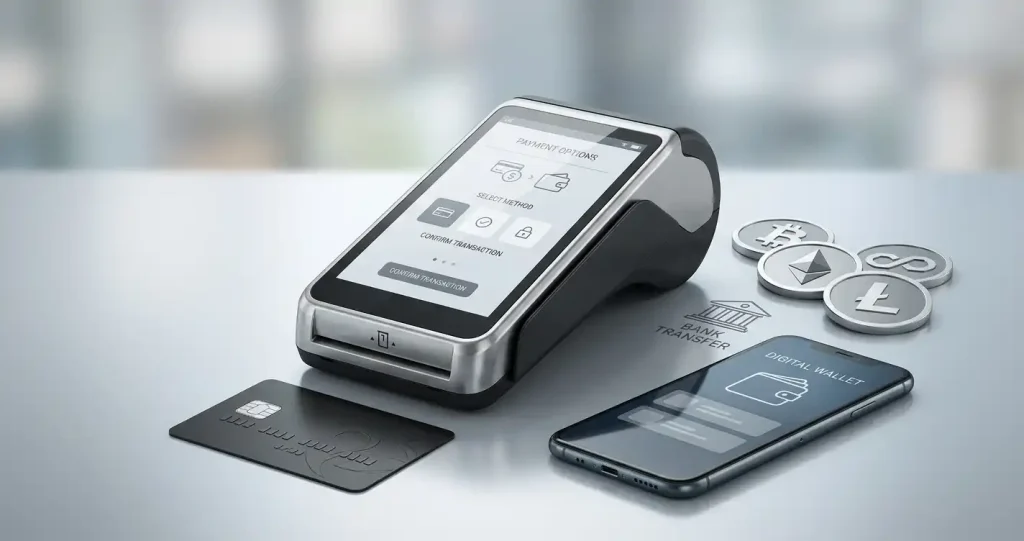 Neutral bank card, transfer and cryptocurrency symbols arranged around a payment terminal