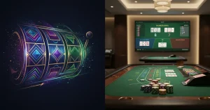 Abstract slot reels beside a neutral live-dealer table setup